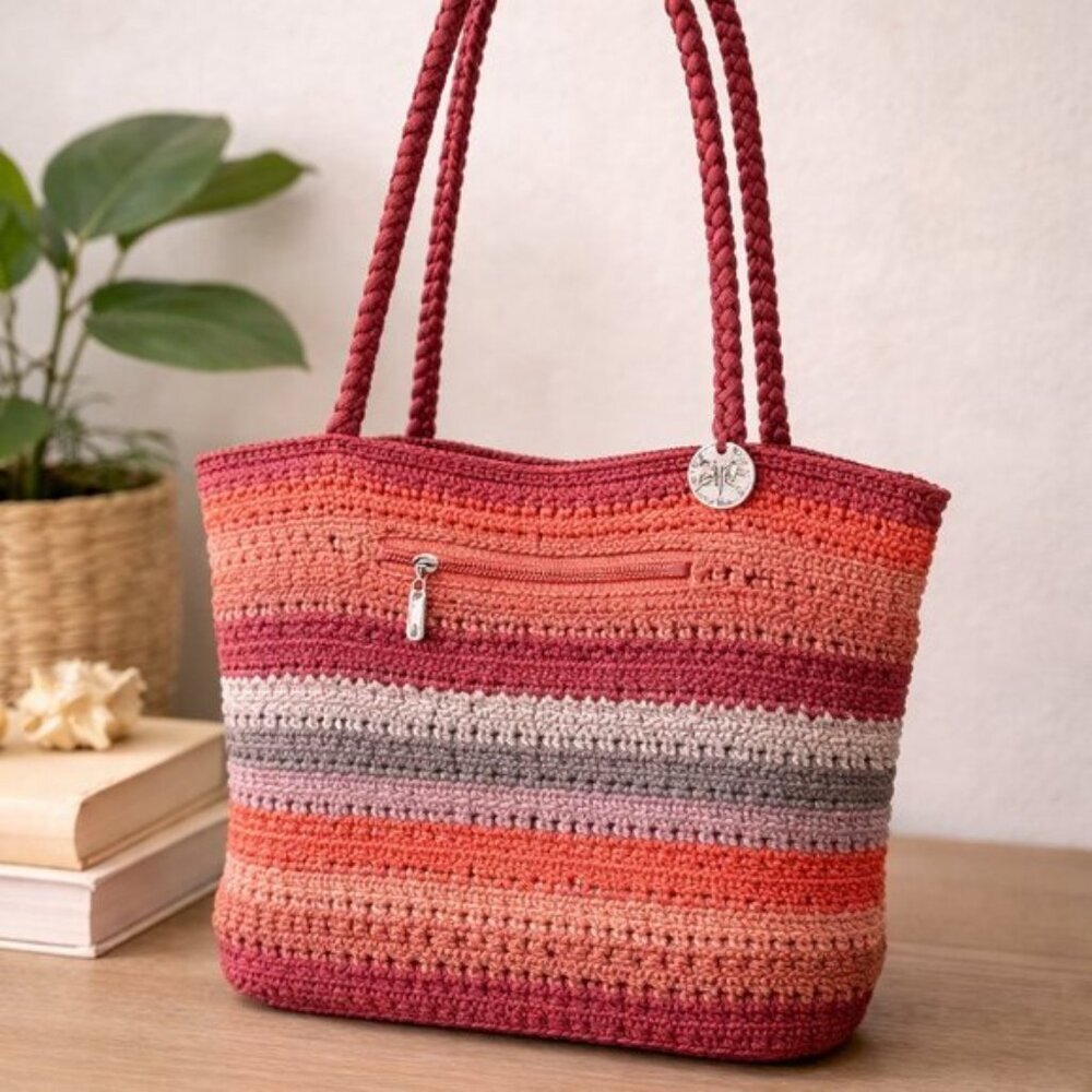 The Sak Red and Gray Crochet Tote Bag